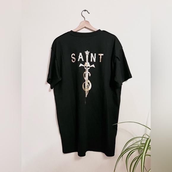 Saint Morta Men Large Black Graphic Jersey T-Shirt Cotton Short Sleeve Black - Picture 3 of 5